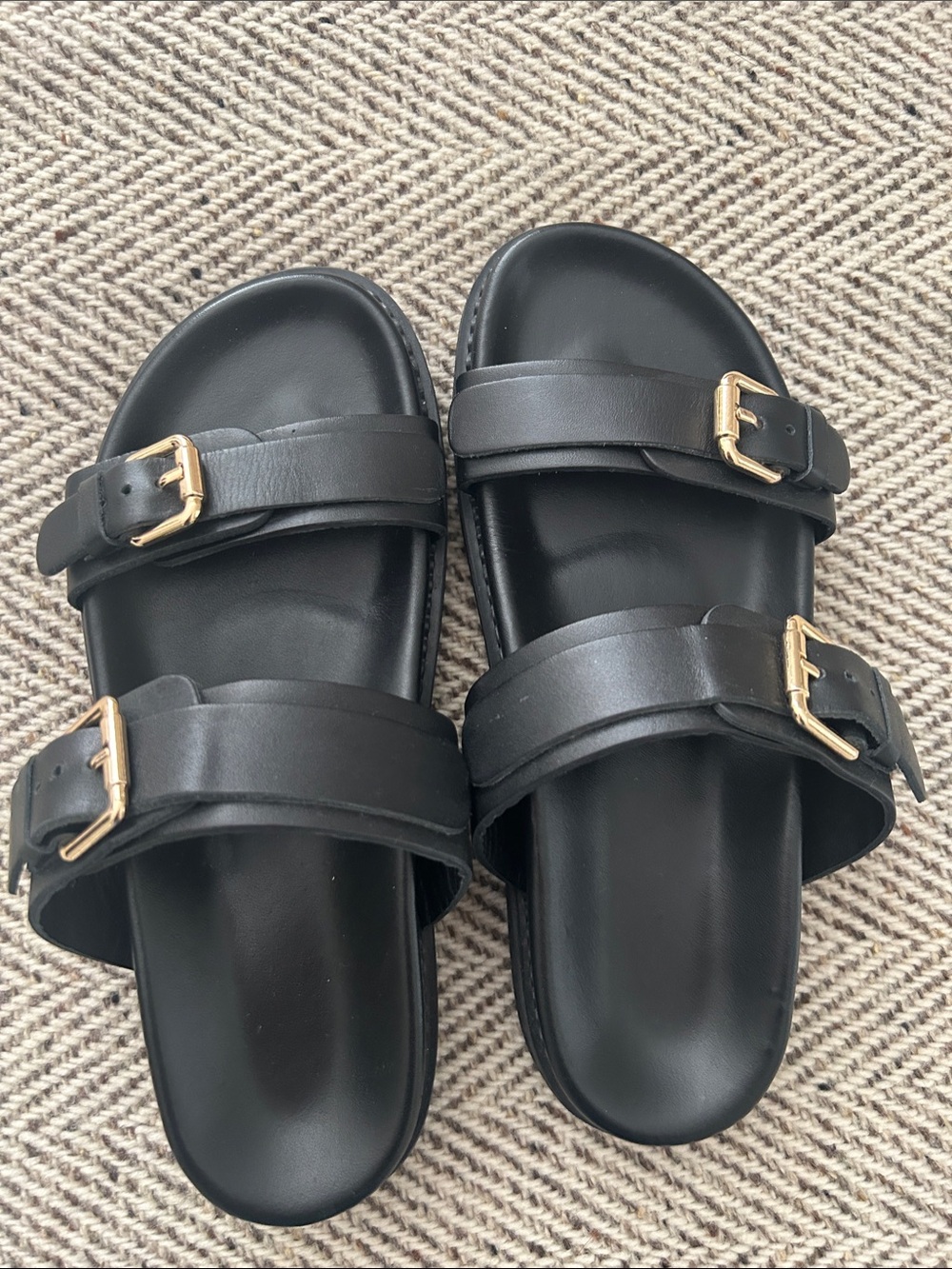 Liberté Black Double Strap Buckle Slide Sandals